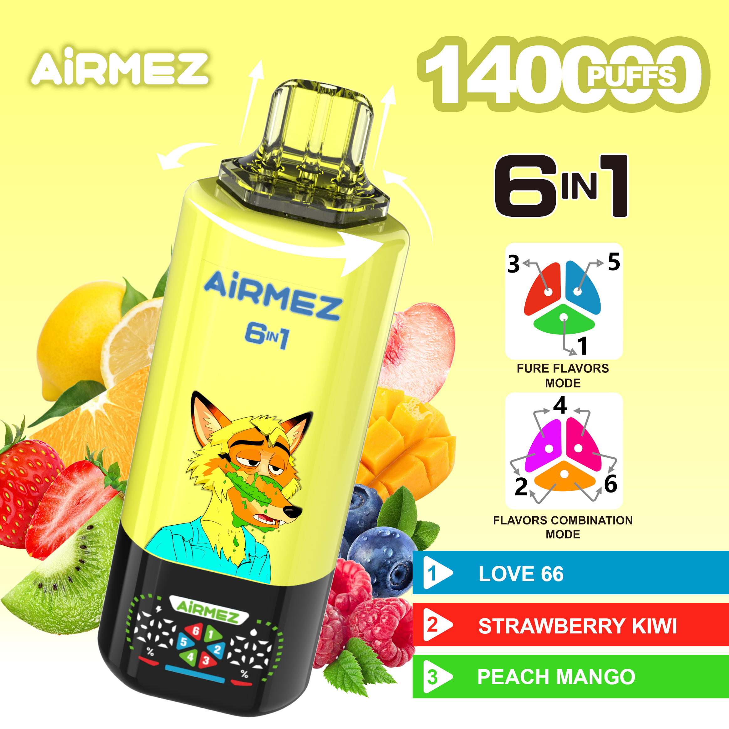 Airmez FOX 6 IN 1 140,000パフ フレーバー7 - ストロベリーアイス、ピンクレモネード、ビンゴクラッシュ