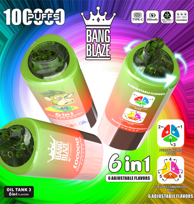 Bang Blaze 100Kパフ 6-in-1 ブルーベリー、ラズベリー＆サワーパイナップル、オレンジ＆ラズベリー、スイカ風味 使い捨てベイプ - 100vaping