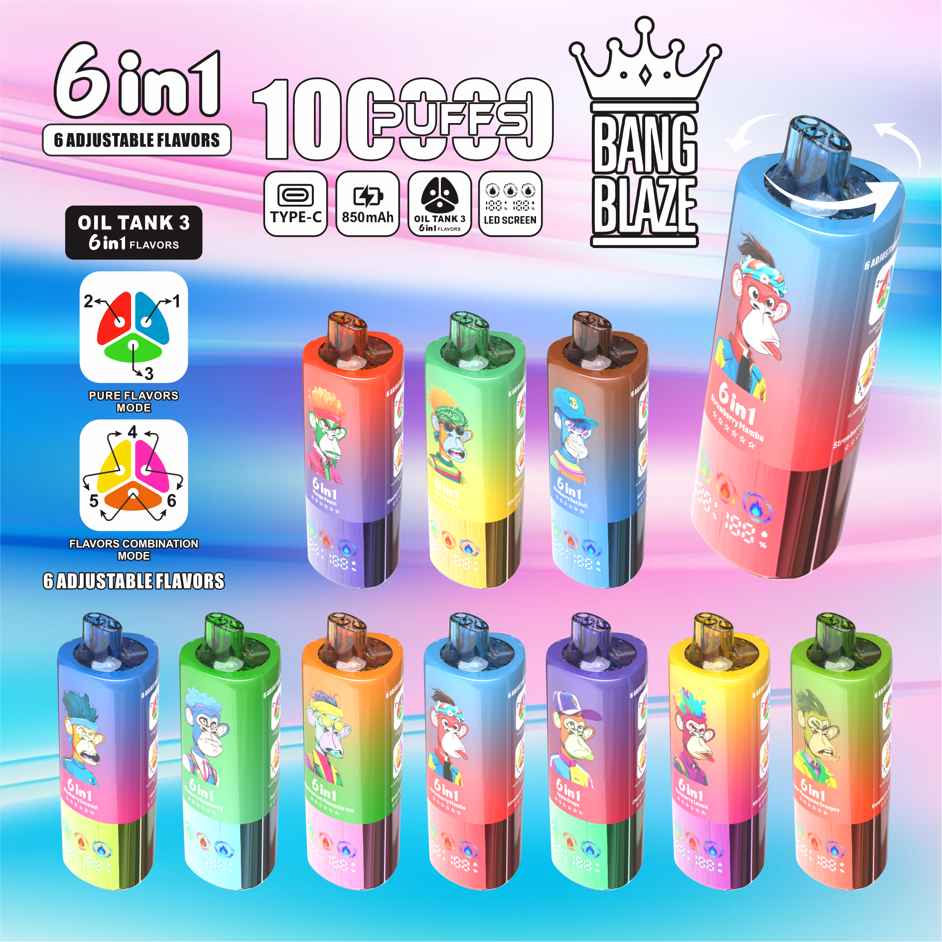 100vaping-bang-blaze-100k-6-in-1-メイン画像-1 Bang Blaze 100Kパフ 6-in-1 トリプルタンク 使い捨てベイプ メイン画像 - 100vaping