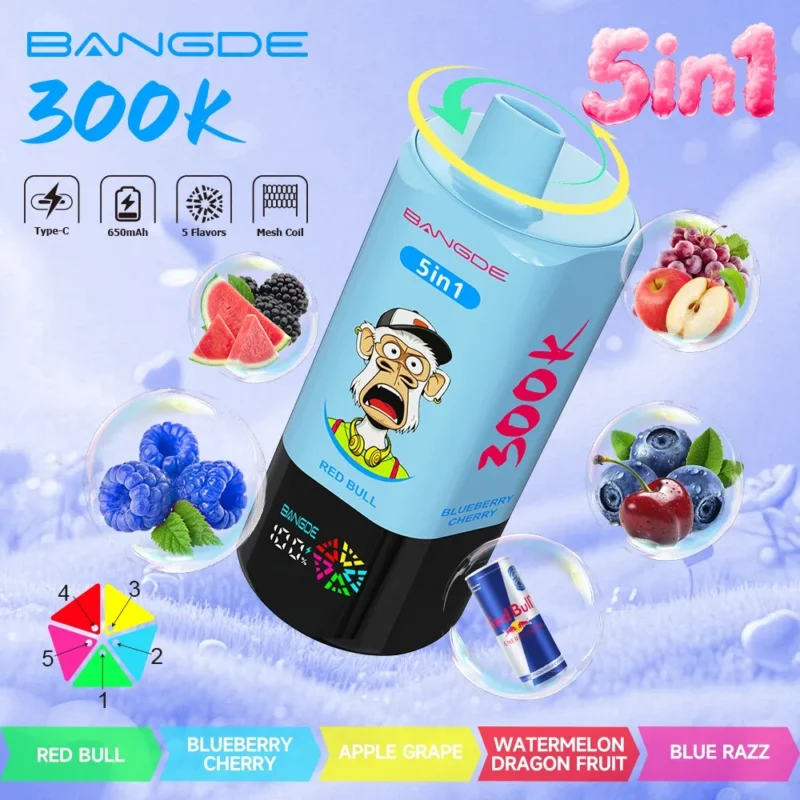 Bang DE 300Kパフ 5-in-1 レッドブル、ブルーベリー、チェリー、アップル、グレープ、スイカ、ドラゴンフルーツ、ブルーラズ フレーバー - 100vaping