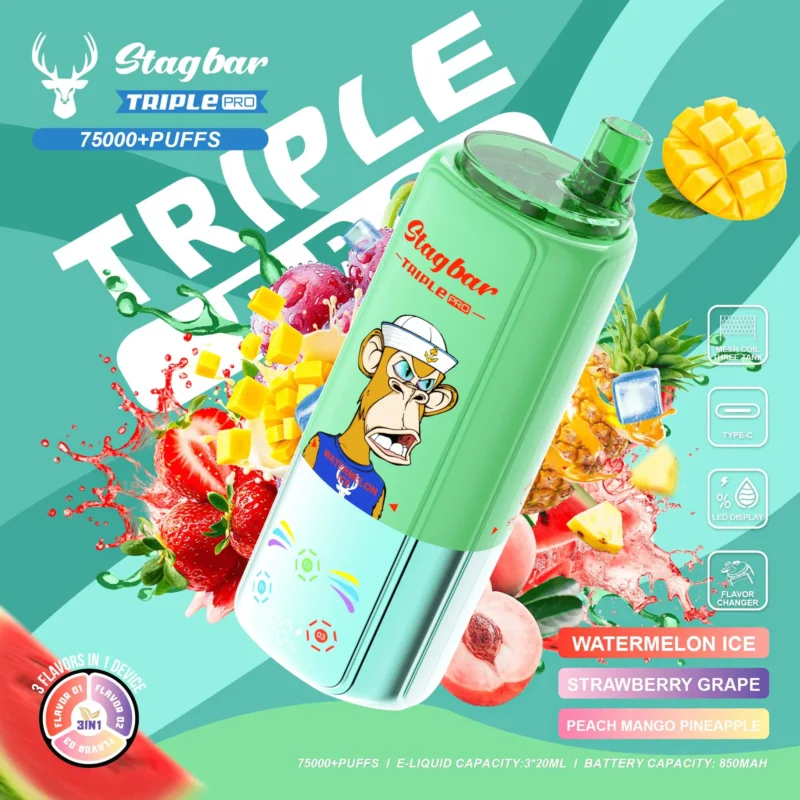 Stagbar Triple Pro 75Kパフ スイカ・アイス・イチゴ・ブドウ・ピーチ・マンゴー・パイナップル風味 使い捨てベイプ - 100vaping